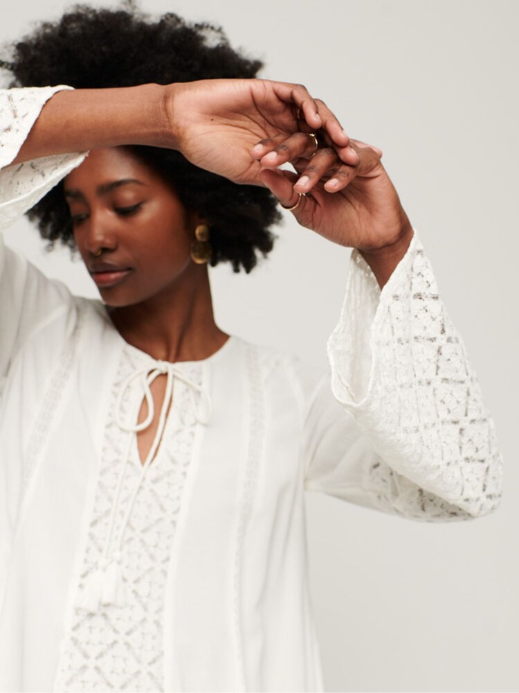 Superdry Cream Lace Flare Sleeve Mini Dress - Image 4 of 7