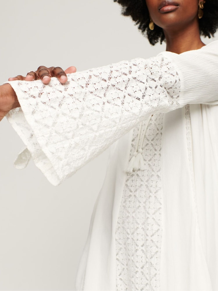 Superdry Cream Lace Flare Sleeve Mini Dress - Image 5 of 7