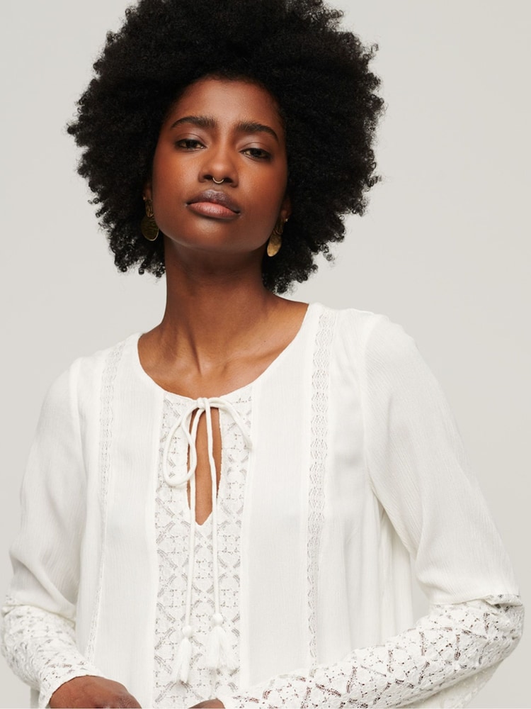 Superdry Cream Lace Flare Sleeve Mini Dress - Image 6 of 7