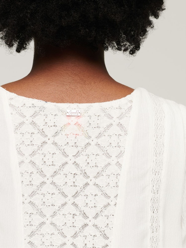 Superdry Cream Lace Flare Sleeve Mini Dress - Image 7 of 7