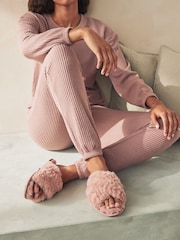Pink Faux Fur Crossover Slider Slippers - Image 1 of 8