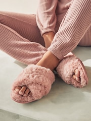 Pink Faux Fur Crossover Slider Slippers - Image 2 of 8