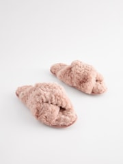 Pink Faux Fur Crossover Slider Slippers - Image 4 of 8