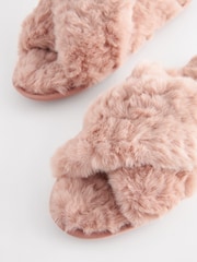Pink Faux Fur Crossover Slider Slippers - Image 7 of 8