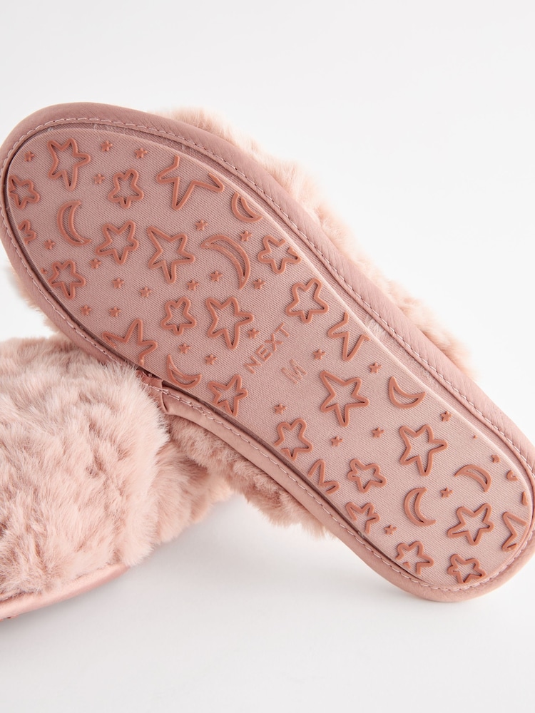 Pink Faux Fur Crossover Slider Slippers - Image 8 of 8