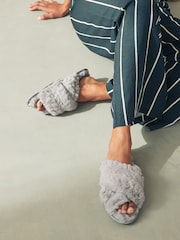 Grey Faux Fur Crossover Slider Slippers - Image 1 of 7
