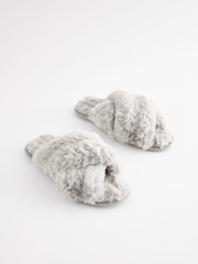Grey Faux Fur Crossover Slider Slippers - Image 3 of 7