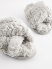 Grey Faux Fur Crossover Slider Slippers - Image 5 of 7