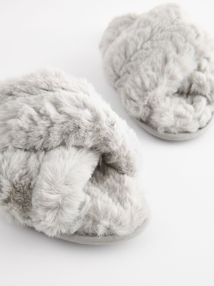 Buy Grey Faux Fur Crossover Slider Slippers from Next Oman