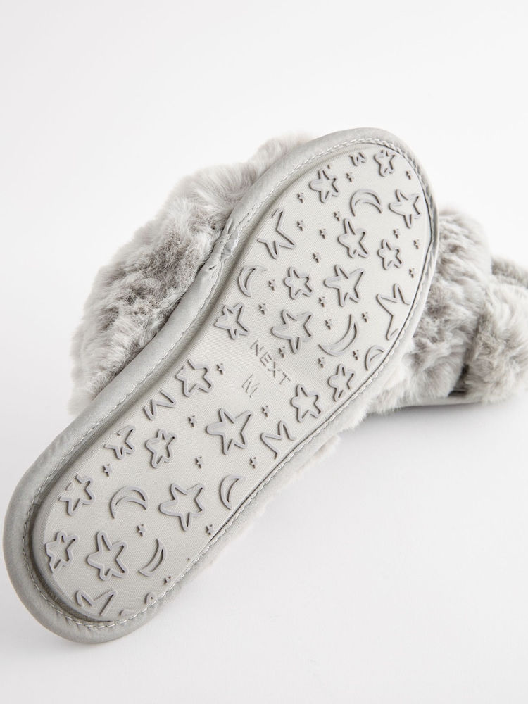 Grey Faux Fur Crossover Slider Slippers - Image 7 of 7