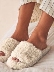 Neutral Faux Fur Flatform Slider Slippers - Image 2 of 7