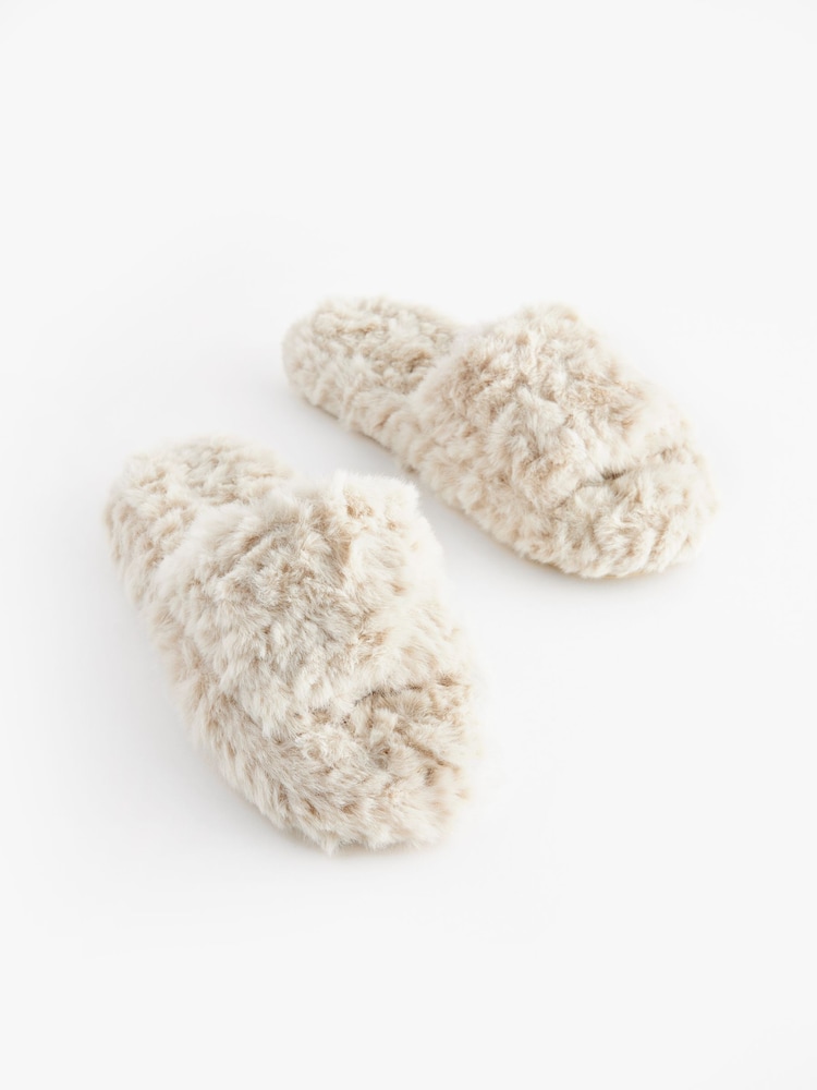 Neutral Faux Fur Flatform Slider Slippers - Image 3 of 7