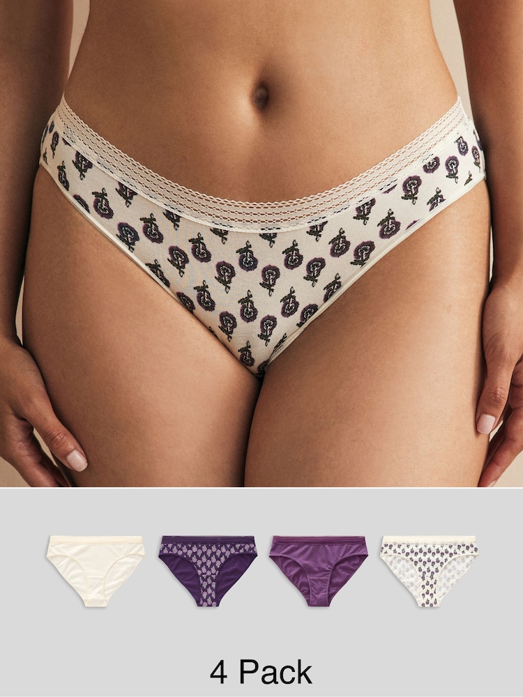 Berry Print/ Cream High Leg Geo Lace Trim Knickers 4 Pack - Image 1 of 10