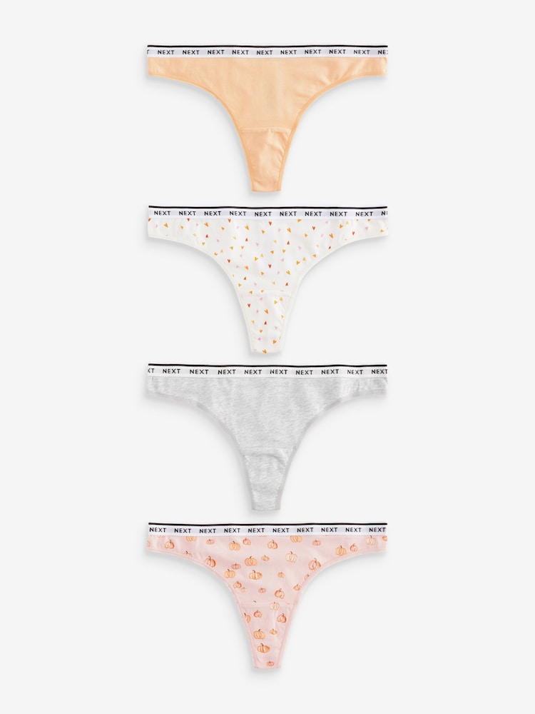 Orange Pumpkin Print Thong Cotton Rich Logo Knickers 4 Pack - Image 1 of 8