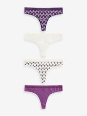 Berry Print/Cream Thong Geo Lace Trim Knickers 4 Pack - Image 1 of 8