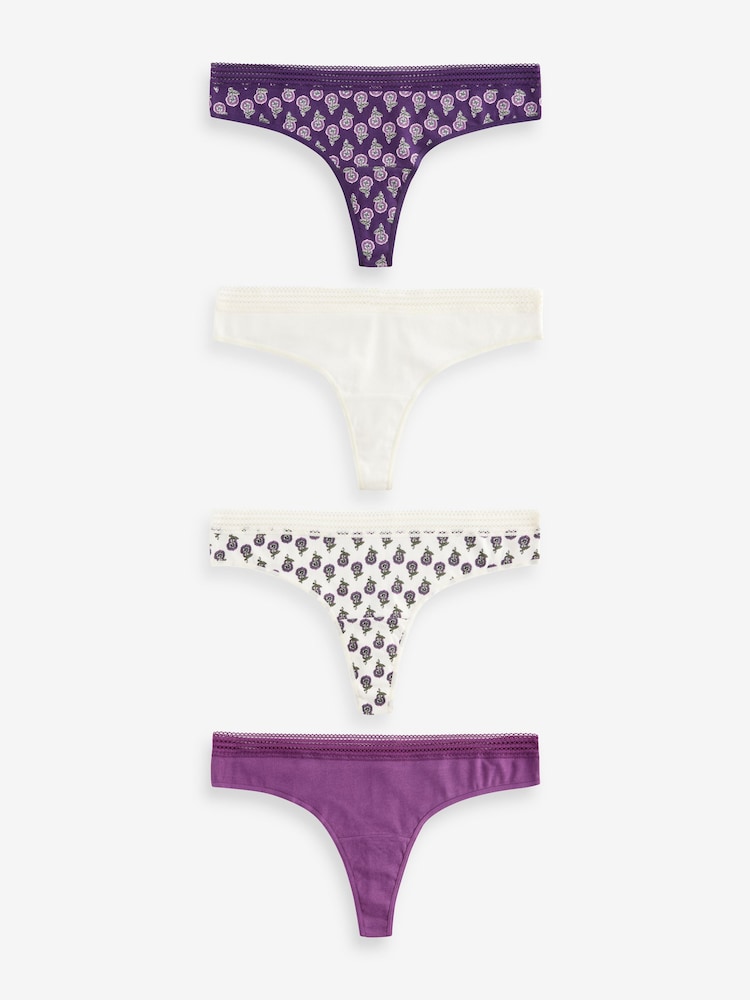 Berry Print/Cream Thong Geo Lace Trim Knickers 4 Pack - Image 1 of 8