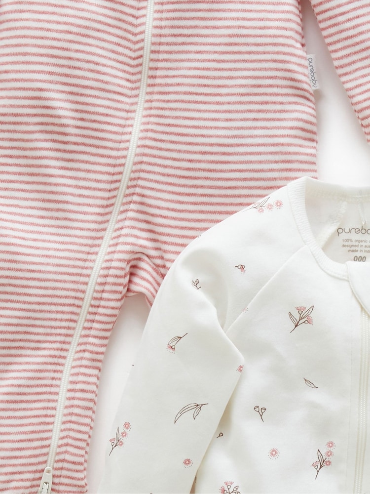 Purebaby Pink 100% Cotton Zip Baby Sleepsuits 2 Pack - Image 9 of 9