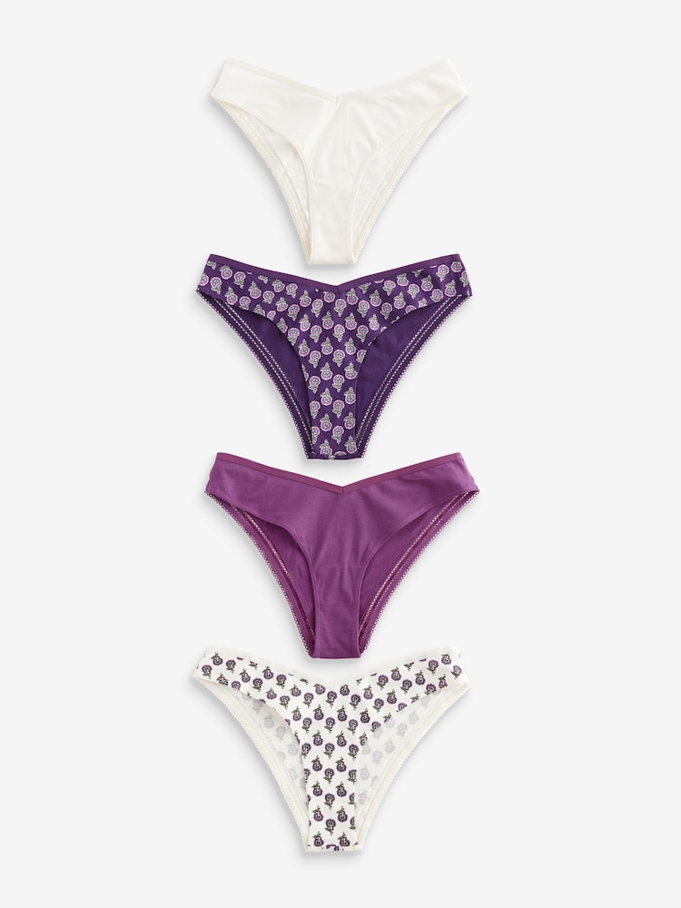 Berry Print/Cream Brazilian Geo Lace Trim Knickers 4 Pack - Image 1 of 8