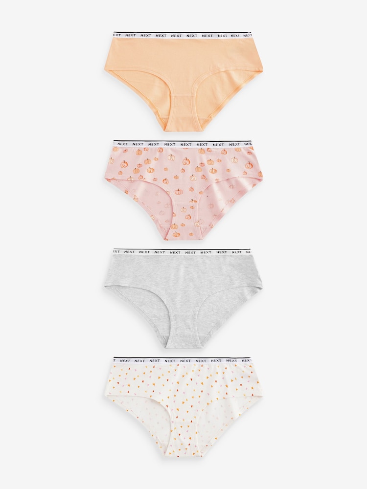 Orange Pumpkin Print Short Cotton Rich Logo Knickers 4 Pack - Image 1 of 9