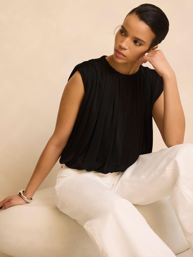 Mint Velvet Black Pleated Bubble Hem Top - Image 1 of 8
