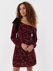 أحمر - Threadbare Sequin Slash Neck Dress with Bow Detail - صورة 1 من 5