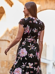 Sosandar Black Angel Sleeve Mock Wrap Frill Hem Dress - Image 2 of 5