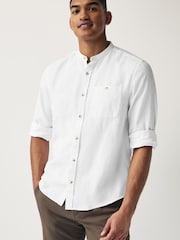 White Grandad Collar Linen Blend Long Sleeve Shirt - Image 1 of 9