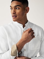 White Grandad Collar Linen Blend Long Sleeve Shirt - Image 4 of 9