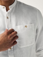 White Grandad Collar Linen Blend Long Sleeve Shirt - Image 5 of 9