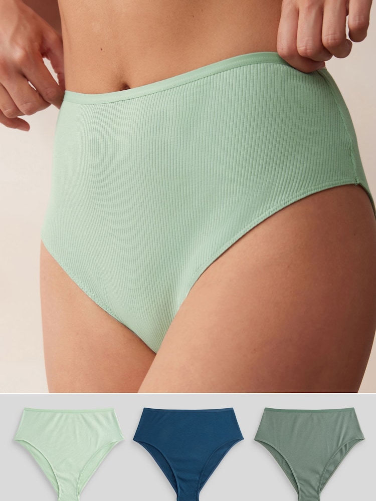 Green High Rise High Leg Cotton Rib Knickers 3 Pack - Image 1 of 9 Green High Rise High Leg Cotton Rib Knickers 3 Pack - Image 1 of 9