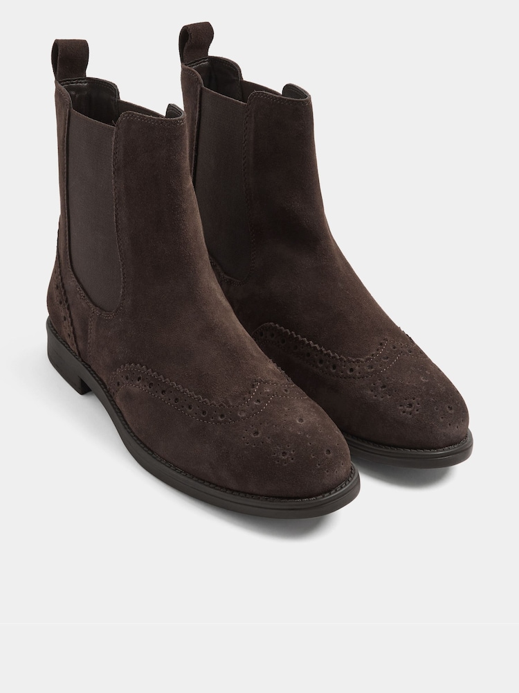 Evans Brown Wide Fit Suede Brogue Chelsea Boots - Image 1 of 4 Evans Brown Wide Fit Suede Brogue Chelsea Boots - Image 1 of 4