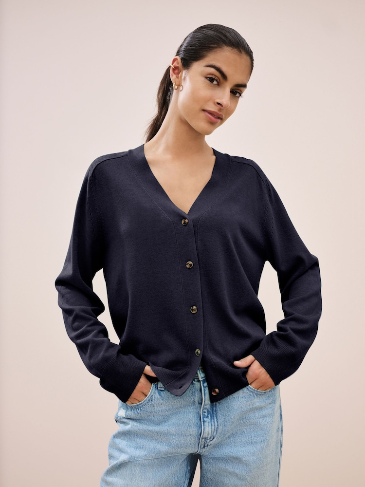Navy Blue Soft Touch Button Up Knitted Cardigan - Image 1 of 6