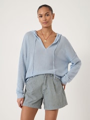 Hush Blue Cara Linen Blend V-Neck Hoodie - Image 2 of 5