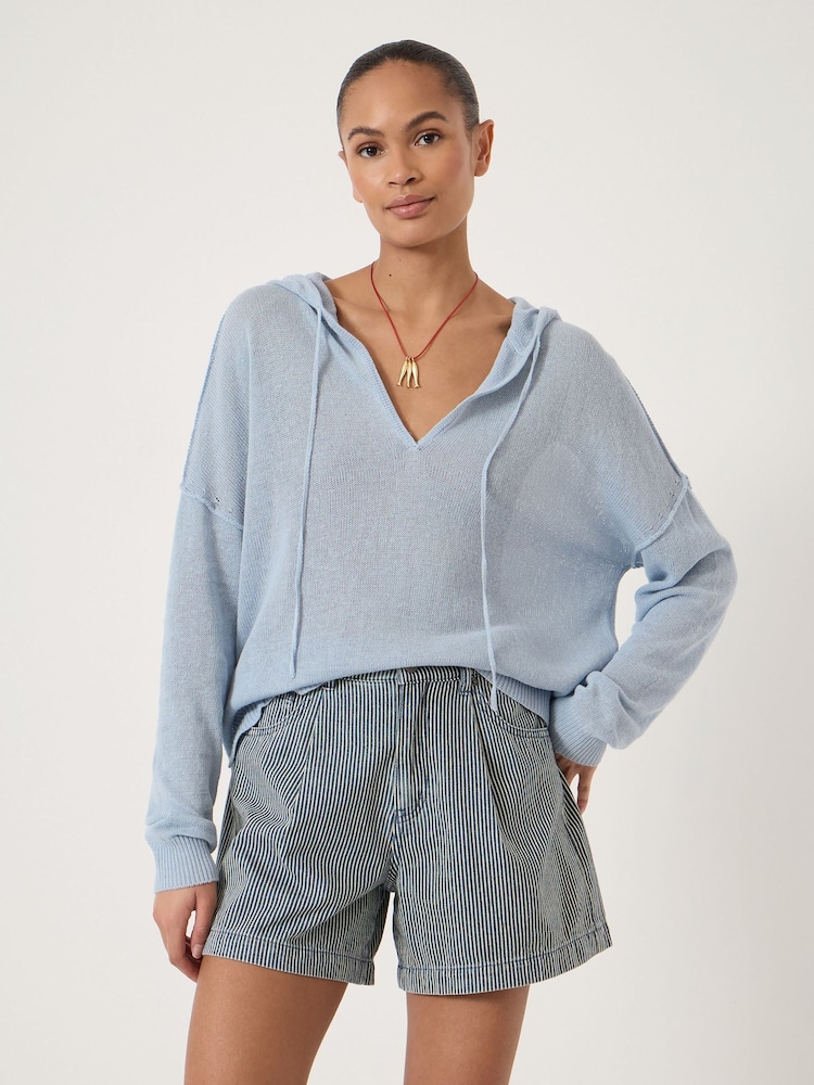 Hush Blue Cara Linen Blend V-Neck Hoodie - Image 2 of 5