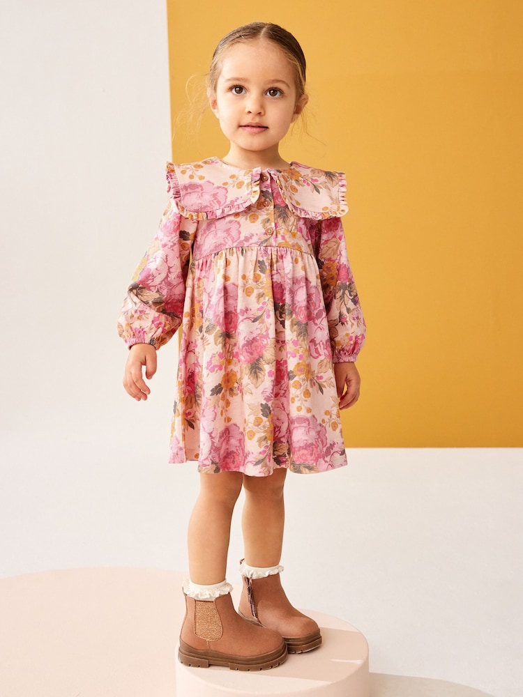 Pink 100% Cotton Long Sleeve Collar Dress (3mths-7yrs) - Image 1 of 7