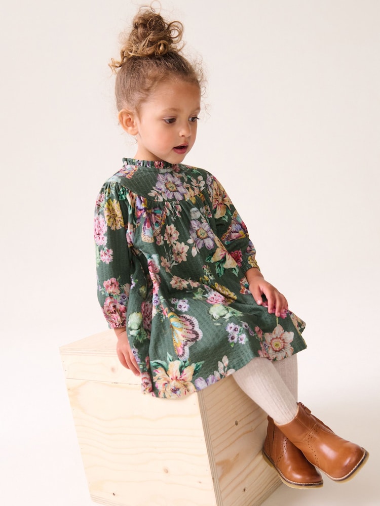Green 100% Cotton Long Sleeve Collar Dress (3mths-7yrs) - Image 2 of 5