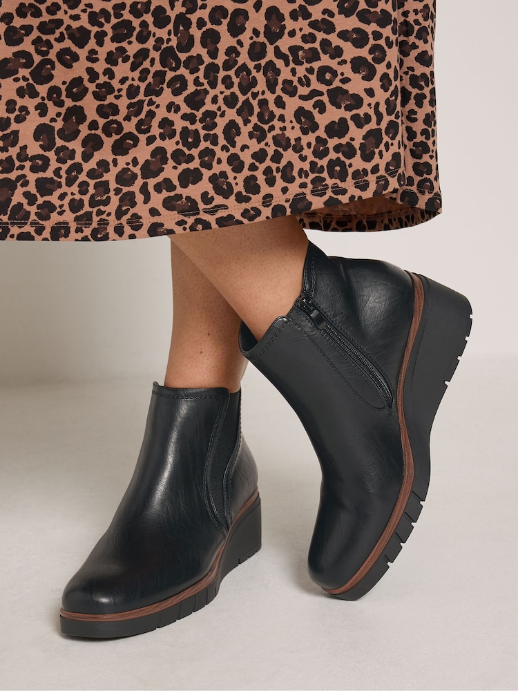 Yours Curve Black Wide Fit Elasticated Panel Wedge Boots - Image 1 of 5