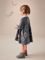 Charcoal Grey Pumpkin 100% Cotton Halloween Long Sleeve Dress (3mths-7yrs) - Image 3 of 6