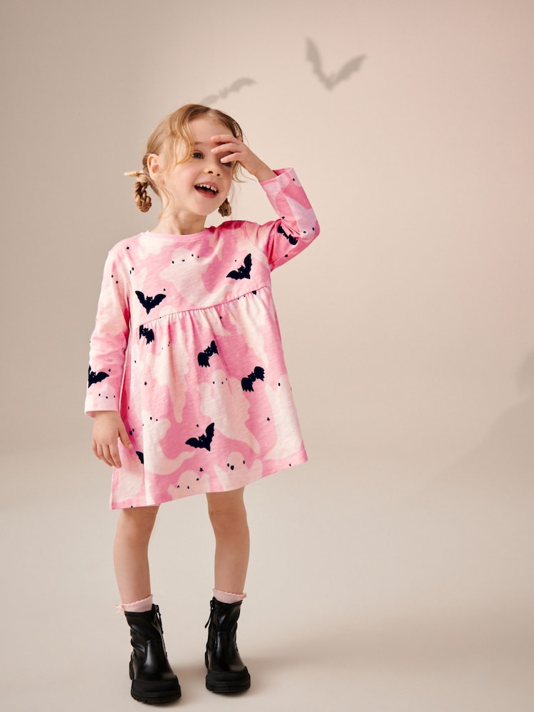 Pink Ghost 100% Cotton Halloween Long Sleeve Jersey Dress (3mths-7yrs) - Image 1 of 7