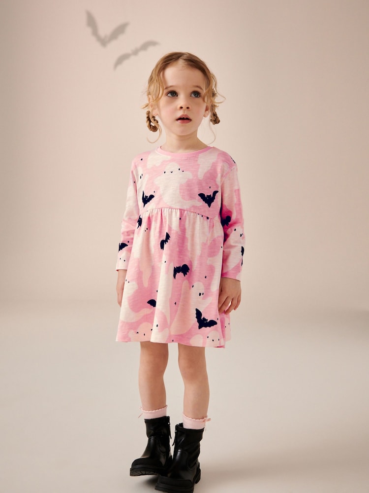 Pink Ghost 100% Cotton Halloween Long Sleeve Jersey Dress (3mths-7yrs) - Image 2 of 7