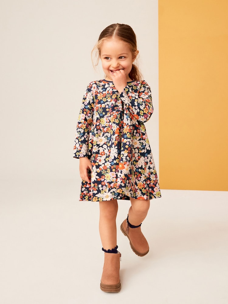 Navy Floral 100% Cotton Long Sleeve Jersey Dress (3mths-7yrs) - Image 1 of 7
