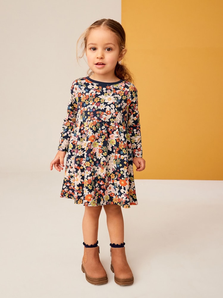Navy Floral 100% Cotton Long Sleeve Jersey Dress (3mths-7yrs) - Image 2 of 7