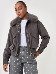 Threadbare Grey Faux Suede Fur Collared Jacket - Image 1 of 5