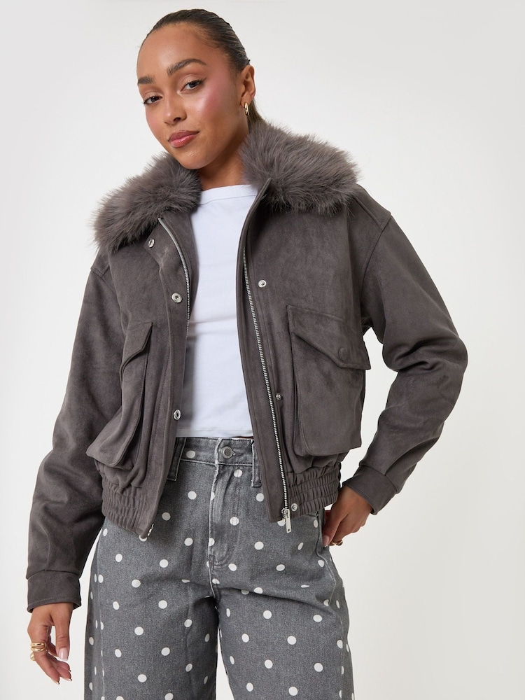 Threadbare Grey Faux Suede Fur Collared Jacket - Image 1 of 5