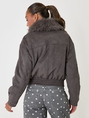 Threadbare Grey Faux Suede Fur Collared Jacket - Image 2 of 5