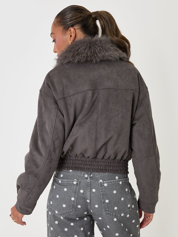 Threadbare Grey Faux Suede Fur Collared Jacket - Image 2 of 5