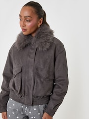 Threadbare Grey Faux Suede Fur Collared Jacket - Image 4 of 5
