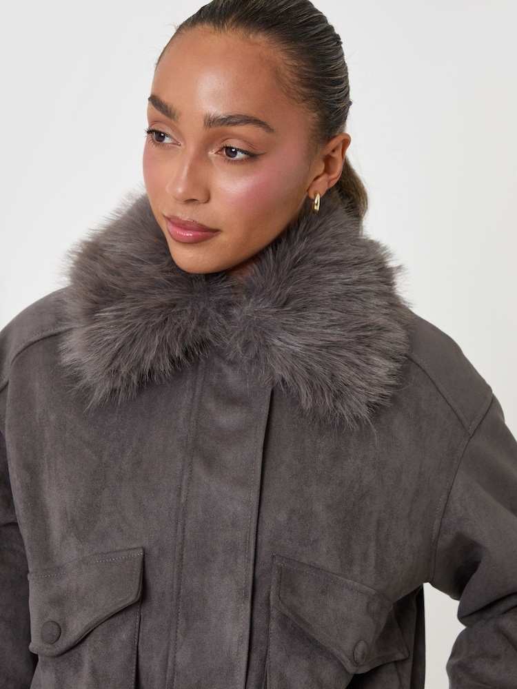 Threadbare Grey Faux Suede Fur Collared Jacket - Image 5 of 5