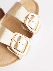 Gold Textured Forever Comfort® Leather Double Strap Footbed Sandals - Image 10 of 10