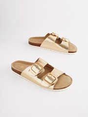 Gold Textured Forever Comfort® Leather Double Strap Footbed Sandals - Image 5 of 10